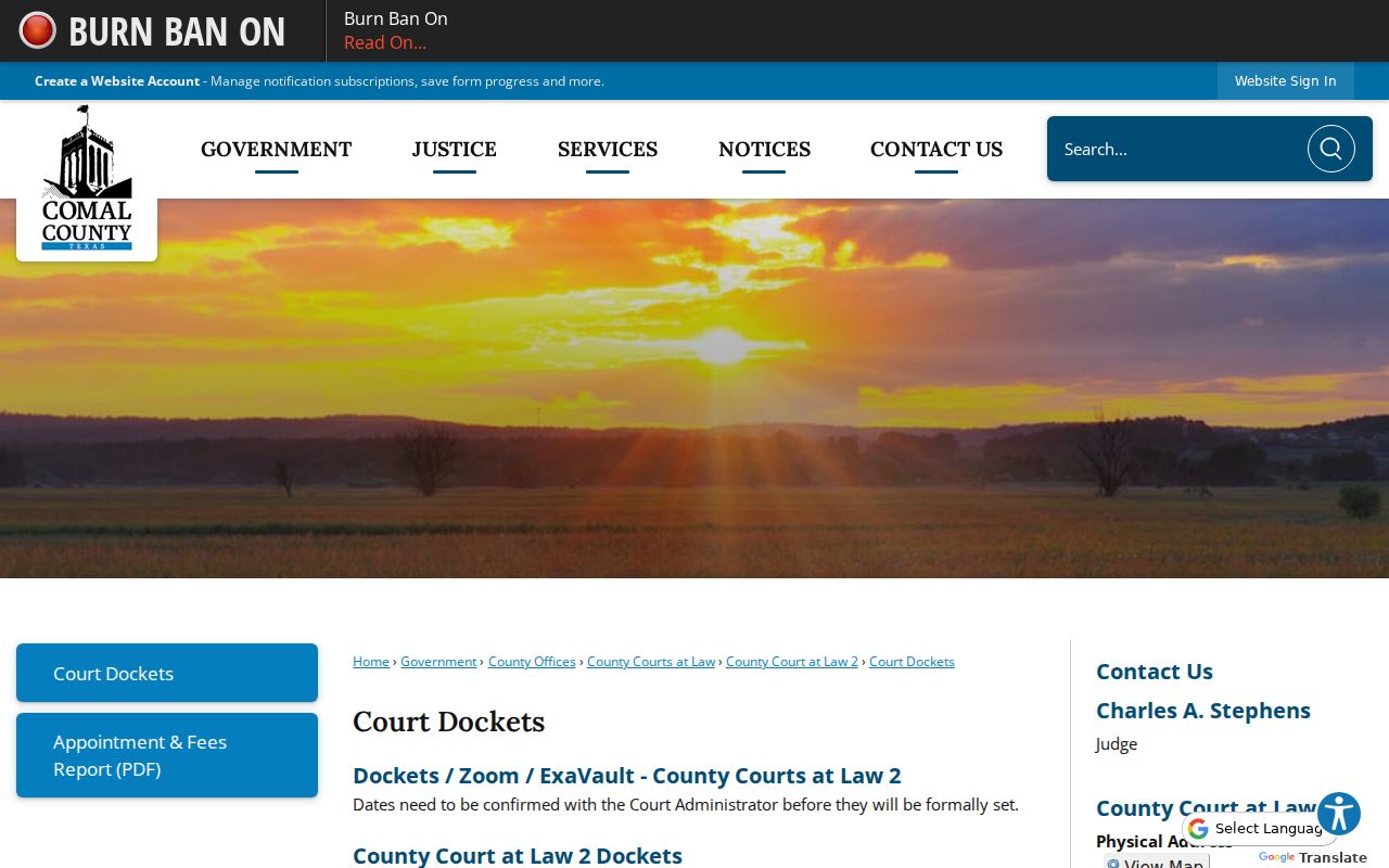 Comal County court schedule with CCL2 courtroom and Zoom access details