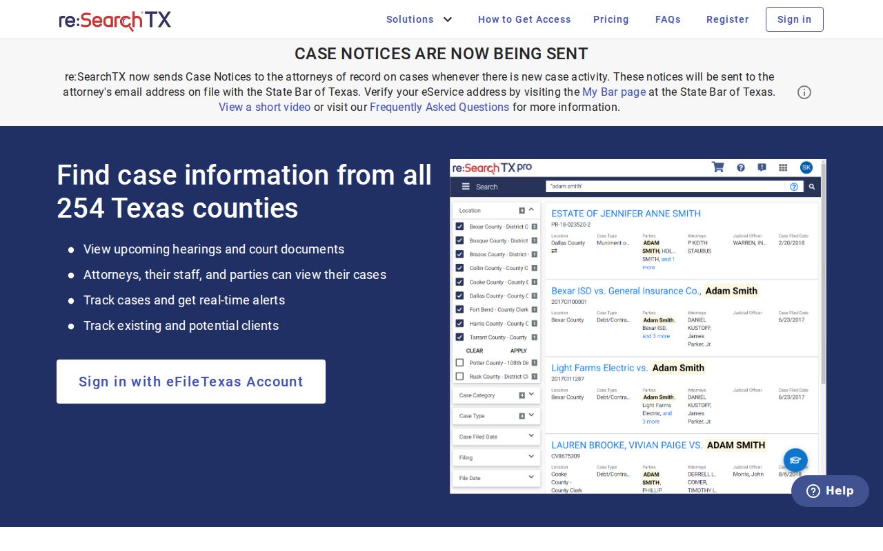 Comal County docket search through statewide re:SearchTX